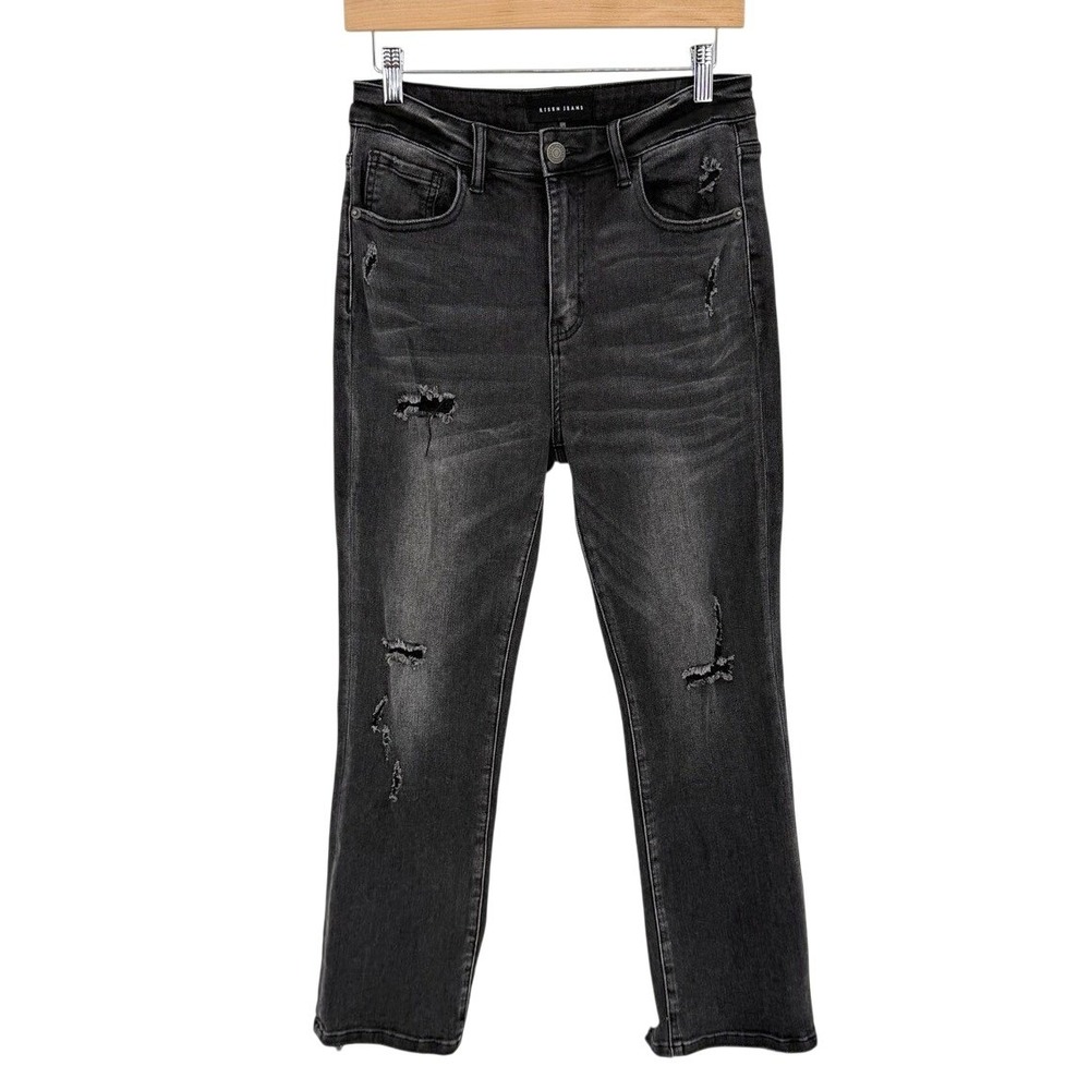 Risen Jeans Womens Size 9/29 Straight Leg Distressed Frayed Hem Black Denim Pant
